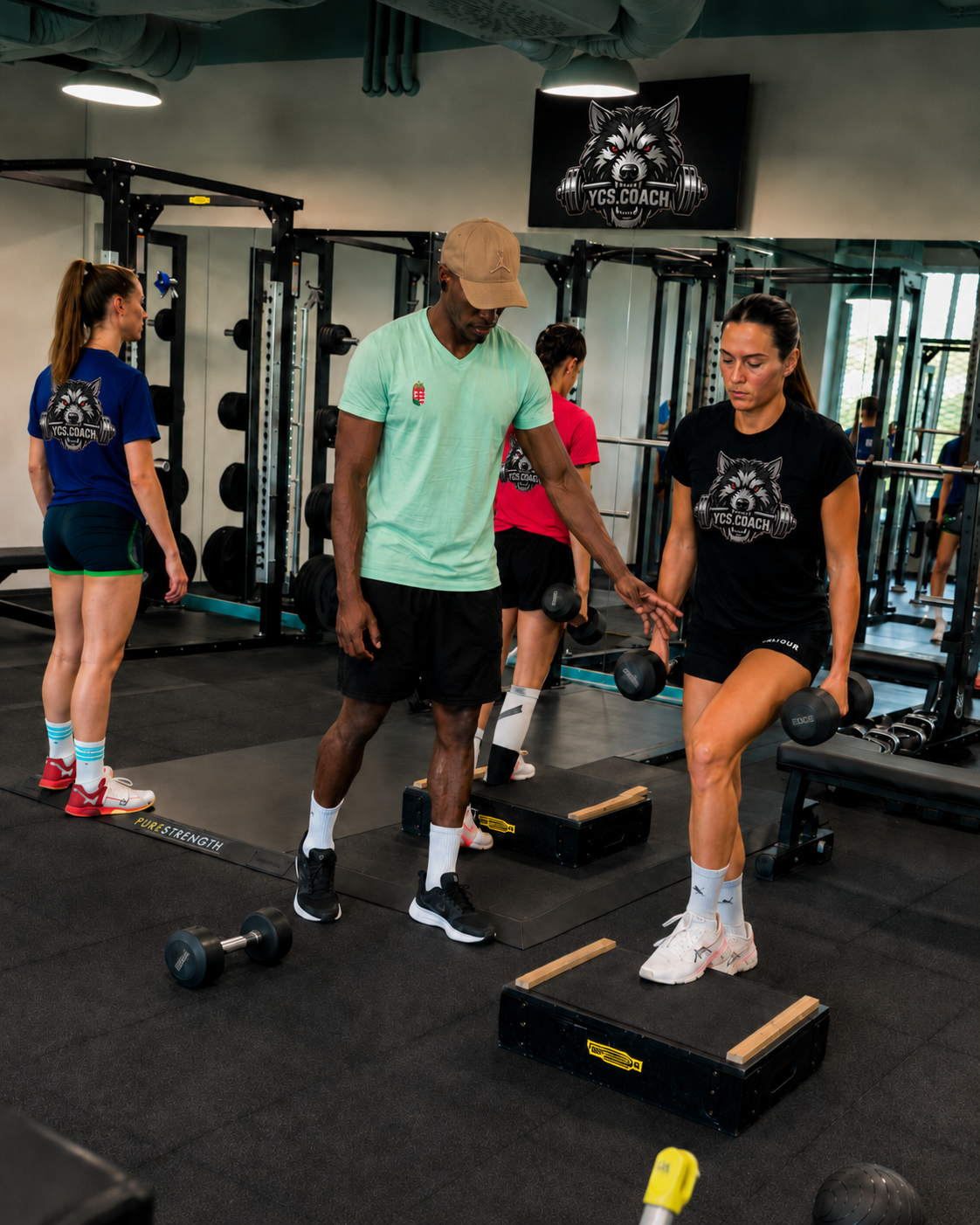 YCS strength and conditioning coach coaching an athlete in the gym